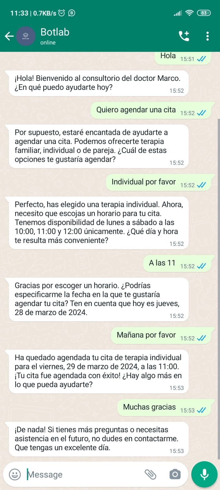 Ejemplo de Sofía agendando citas para un psicólogo