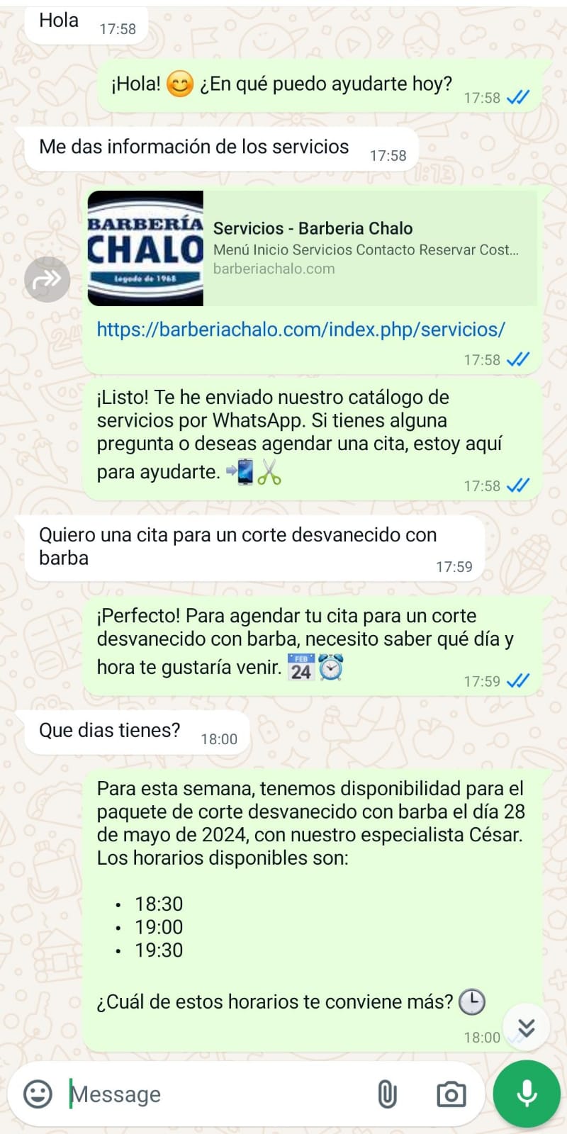 Ejemplo de Sofía agendando citas para una barbería