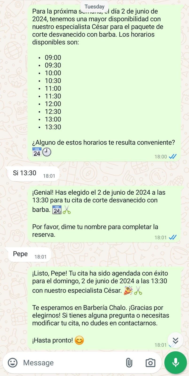 Ejemplo de Sofía agendando citas para una barbería